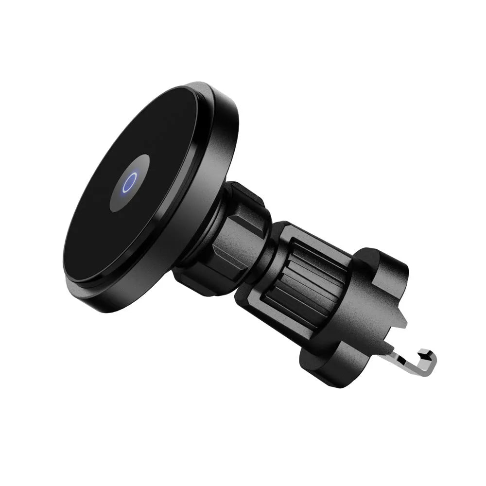 Silver metal 15W magnetic fast car wireless charger mounted on a car air vent.