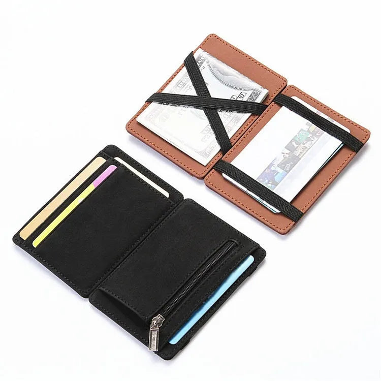 PU leather magic wallet showing flip card holder and zippered coin purse in solid colour options