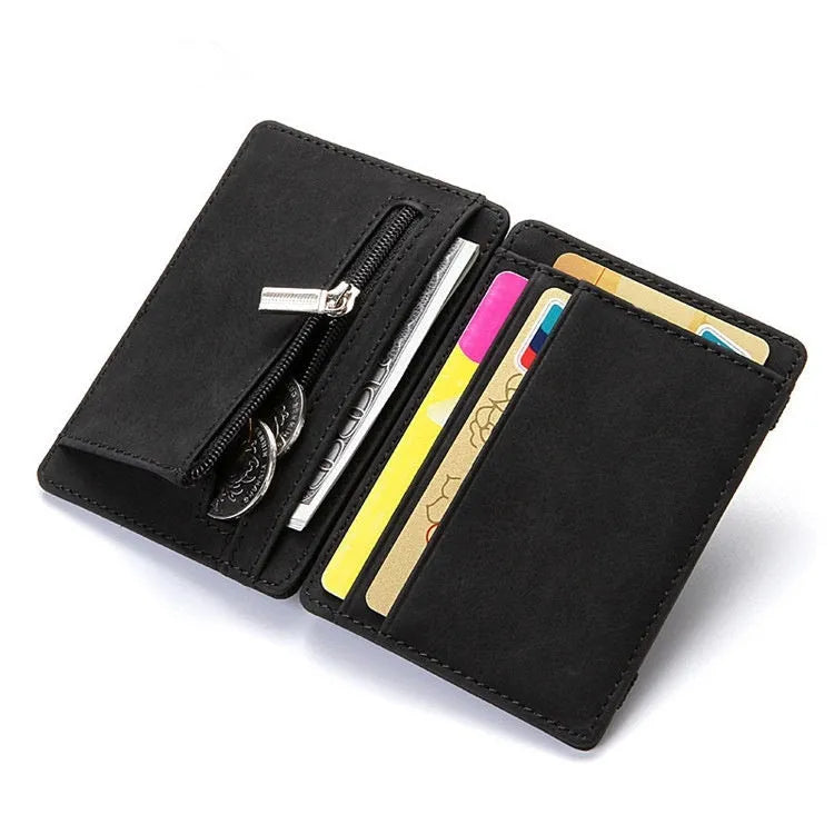 PU leather magic wallet showing flip card holder and zippered coin purse in solid colour options