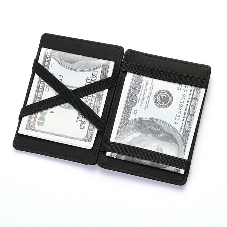PU leather magic wallet showing flip card holder and zippered coin purse in solid colour options