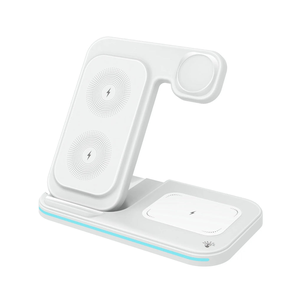 3-in-1 foldable wireless fast charger for phone headset watch in white ABS casing
