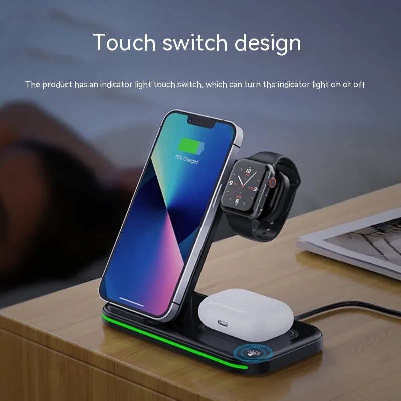 3-in-1 foldable wireless fast charger for phone headset watch in white ABS casing