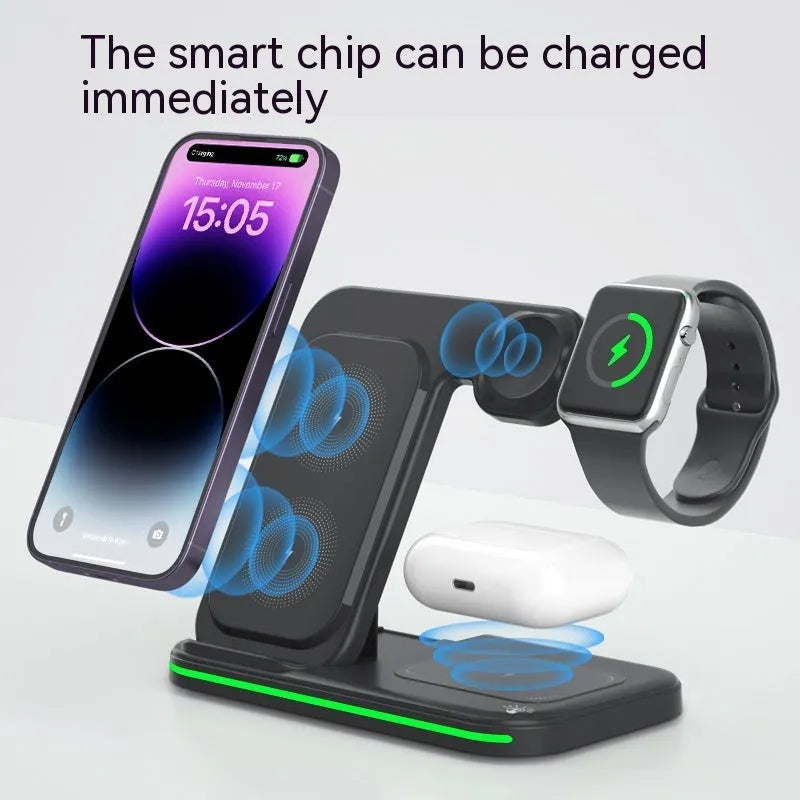 3-in-1 foldable wireless fast charger for phone headset watch in white ABS casing