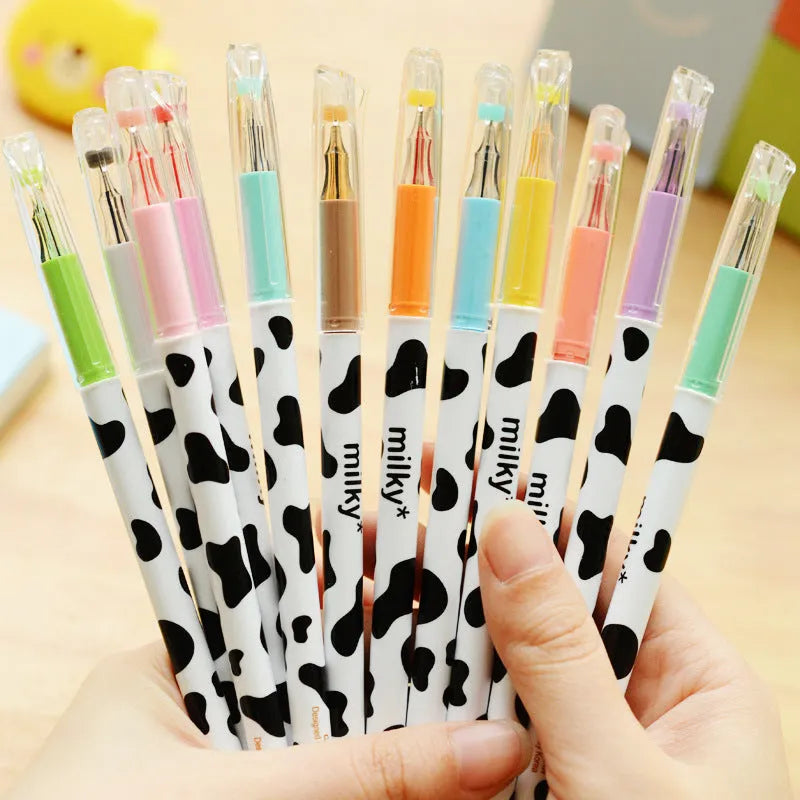 Cow print gel pen set with 0.38mm fine tip, showing 12 assorted colour refills.