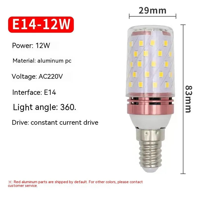 E14 screw cap corn cob LED light bulb with 60 small white LEDs visible, showing three colour temperature options.