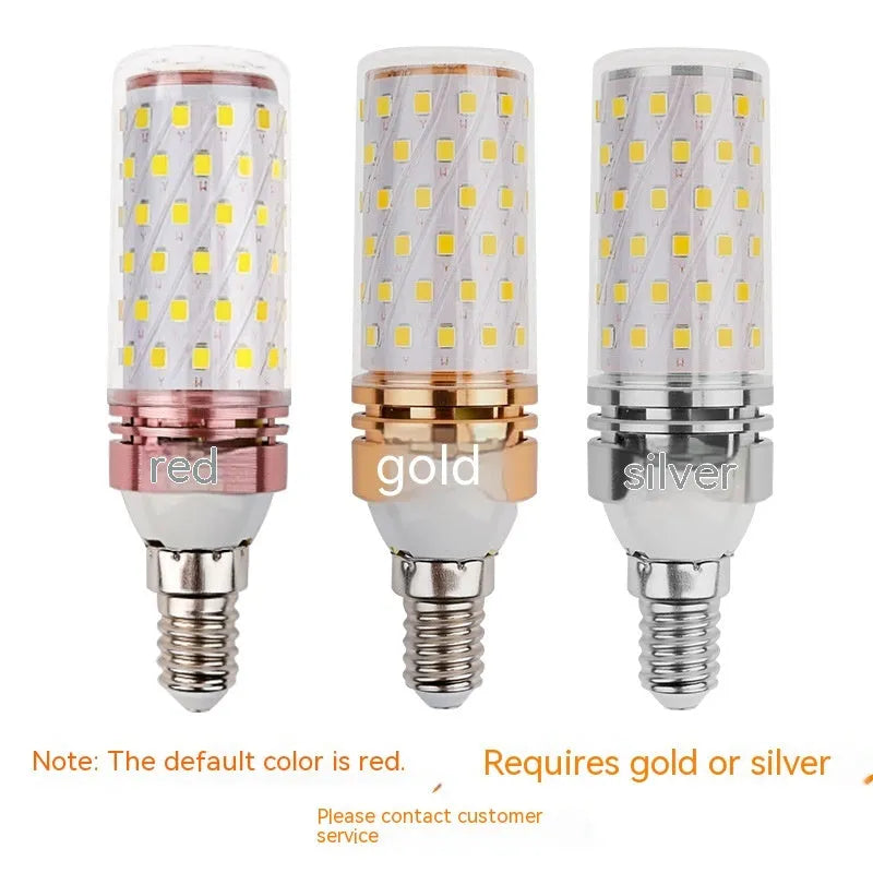 E14 screw cap corn cob LED light bulb with 60 small white LEDs visible, showing three colour temperature options.