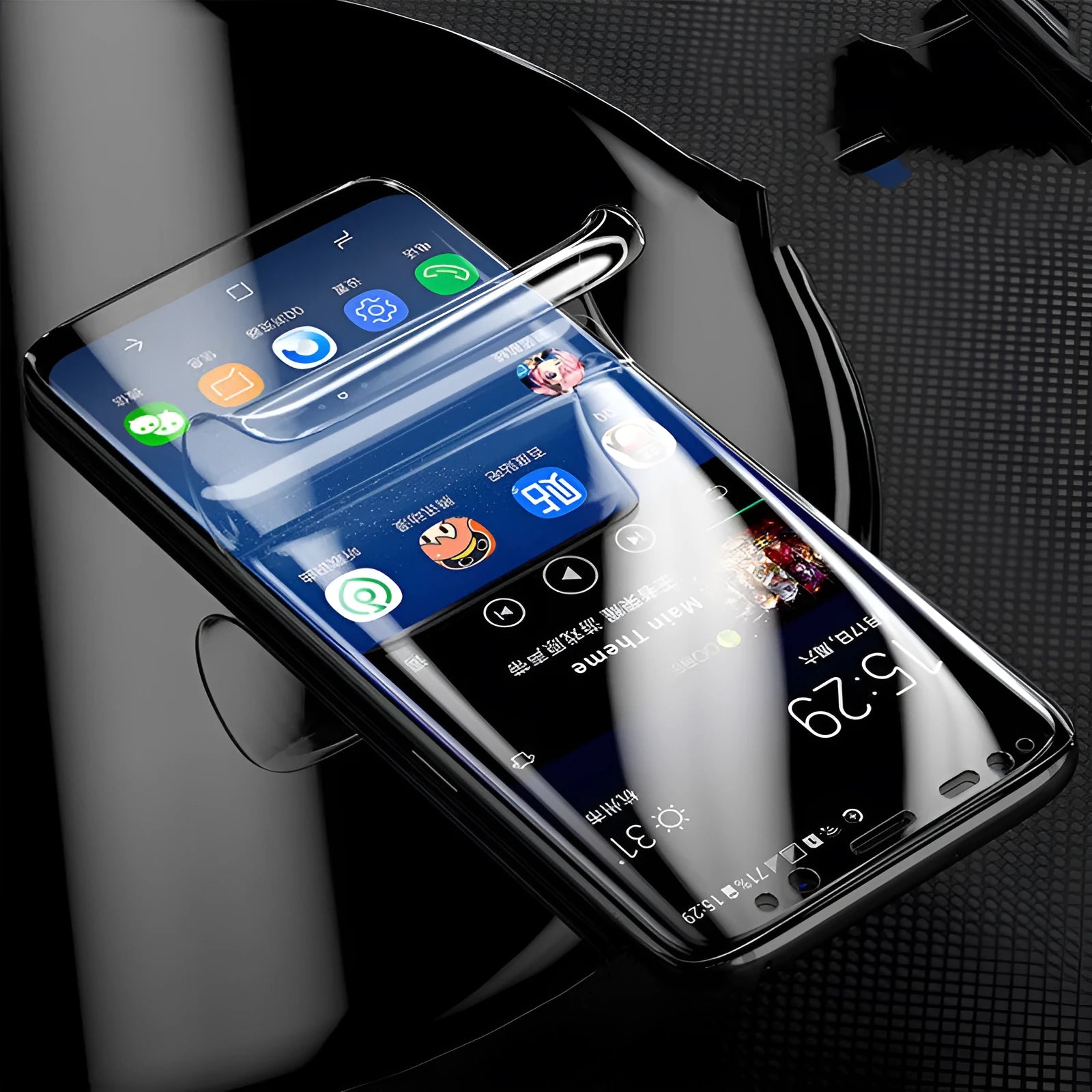 Purple light hydraulic hydrogel screen protector for curved Samsung Galaxy S8, S9, S10 phones.