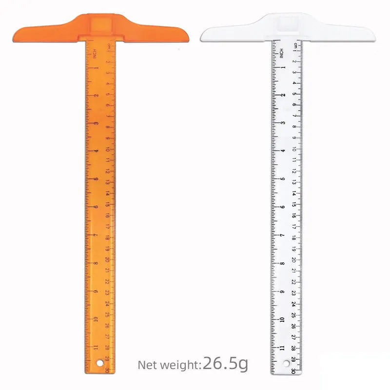 30cm plastic T-square ruler with British or metric measurement markings in transparent or orange yellow