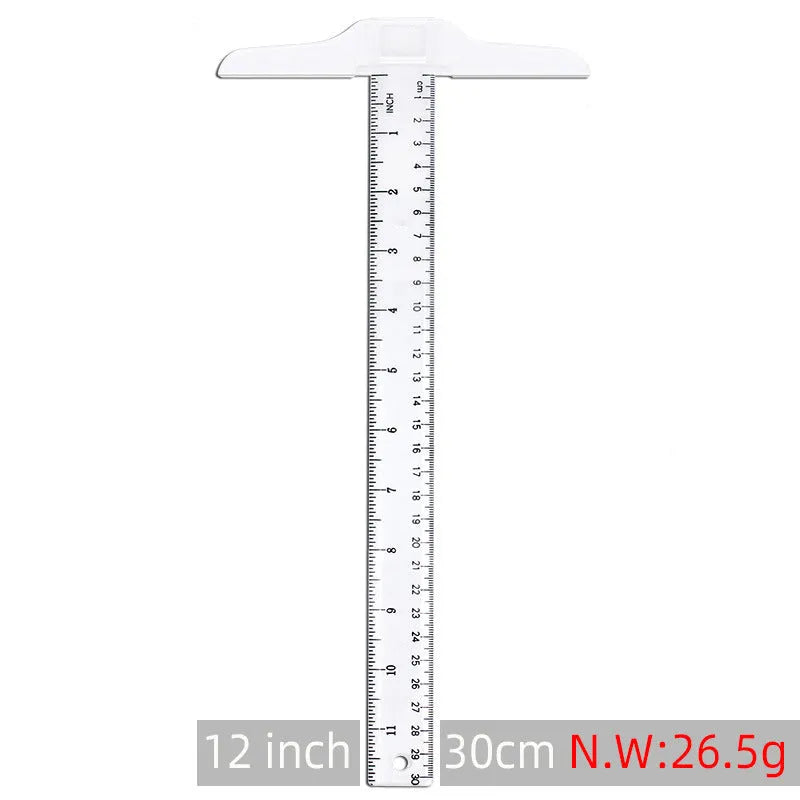 30cm plastic T-square ruler with British or metric measurement markings in transparent or orange yellow