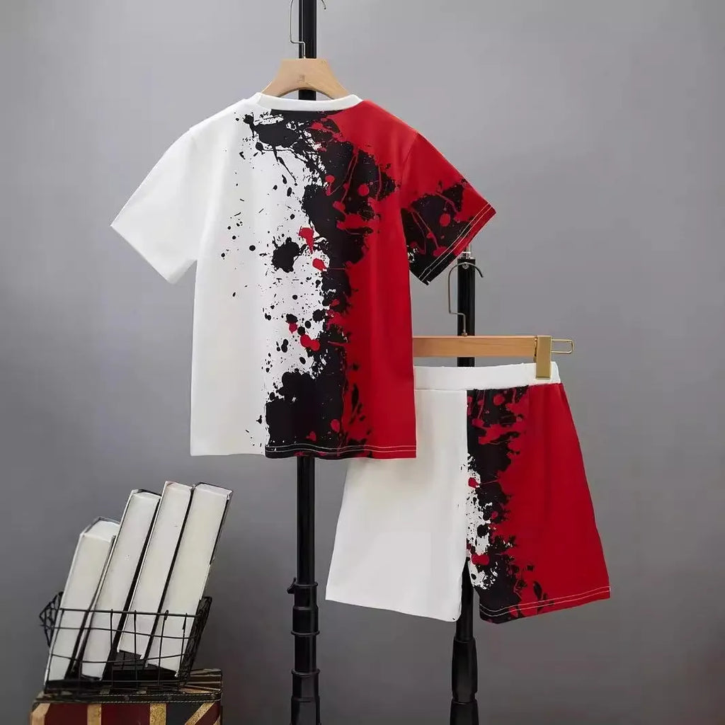 Boys casual summer cotton blend short sleeve T-shirt and shorts two-piece set with cartoon pattern