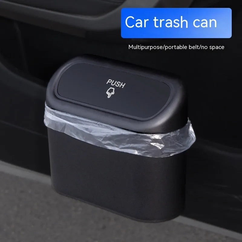 Black folding car trash can with seat mounting bracket and waterproof plastic construction