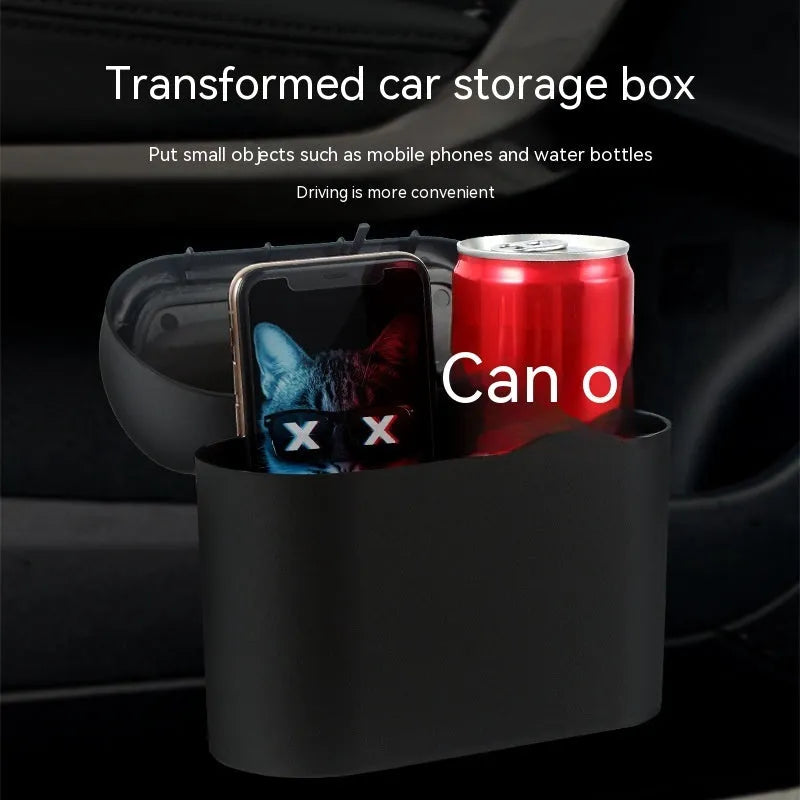 Black folding car trash can with seat mounting bracket and waterproof plastic construction