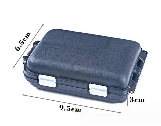 Plastic fishing gear storage box with 10 internal compartments in black colour showing dimensions