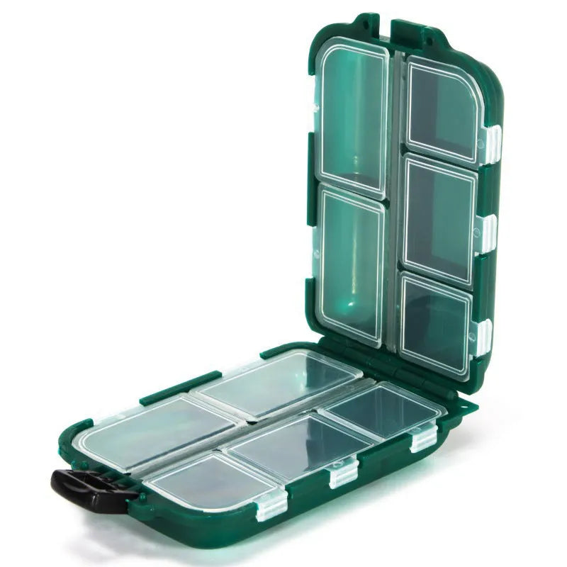 Plastic fishing gear storage box with 10 internal compartments in black colour showing dimensions