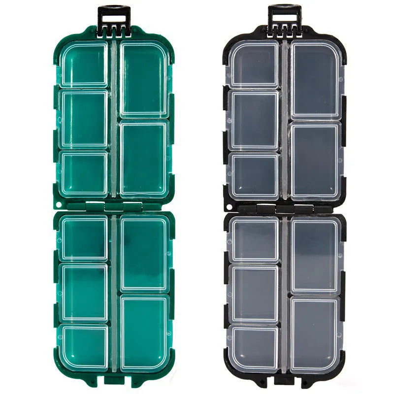 Plastic fishing gear storage box with 10 internal compartments in black colour showing dimensions