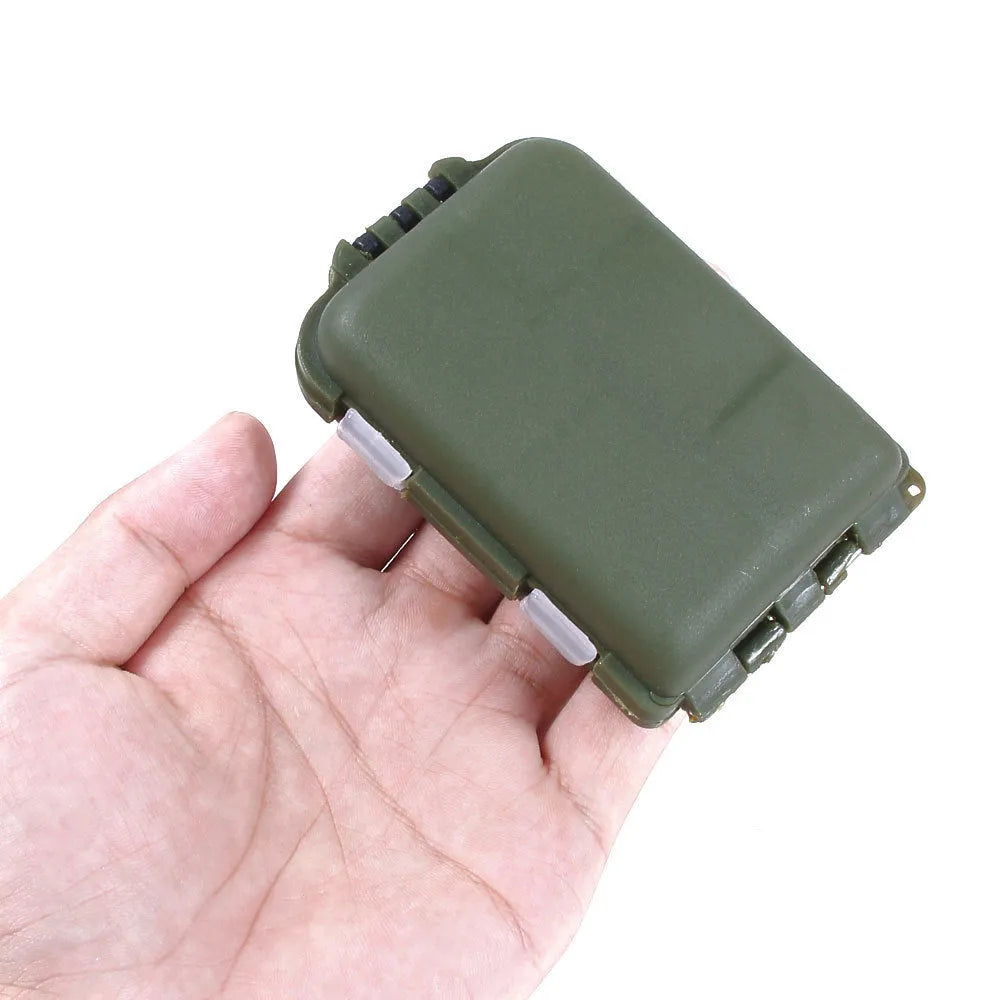 Plastic fishing gear storage box with 10 internal compartments in black colour showing dimensions