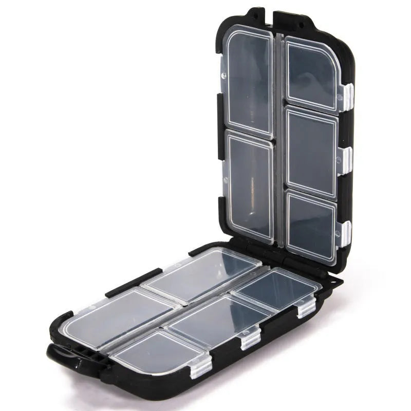Plastic fishing gear storage box with 10 internal compartments in black colour showing dimensions
