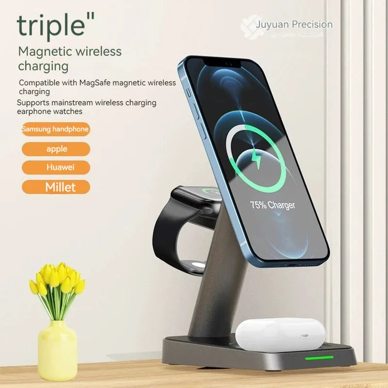 Black vertical wireless charging stand for mobile phone and Apple Watch with built-in battery