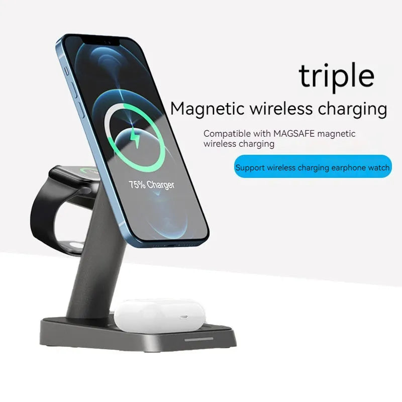 Black vertical wireless charging stand for mobile phone and Apple Watch with built-in battery