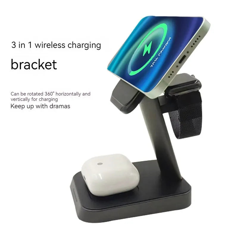 Black vertical wireless charging stand for mobile phone and Apple Watch with built-in battery