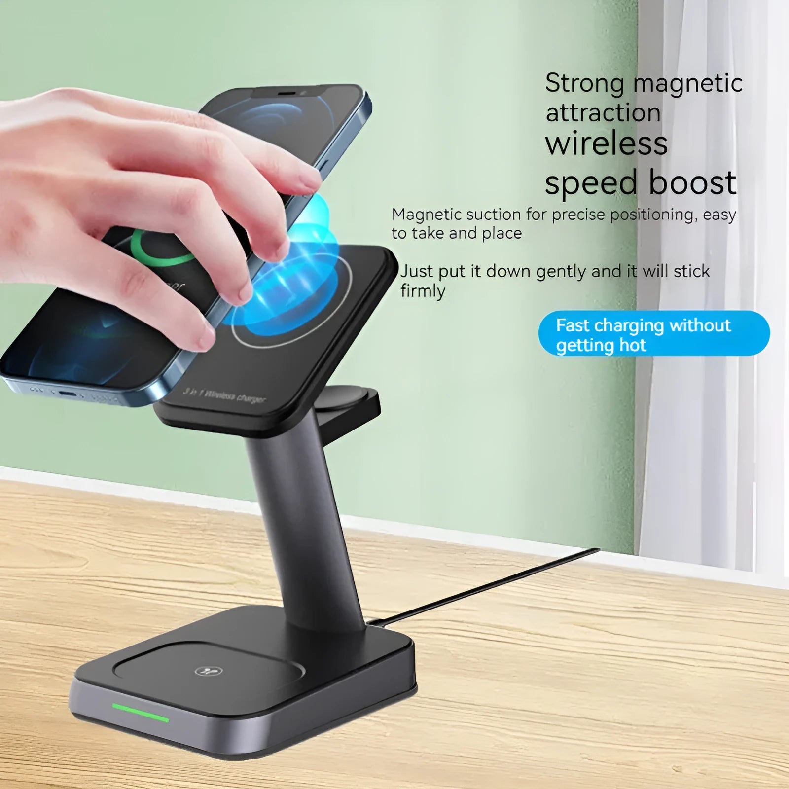 Black vertical wireless charging stand for mobile phone and Apple Watch with built-in battery