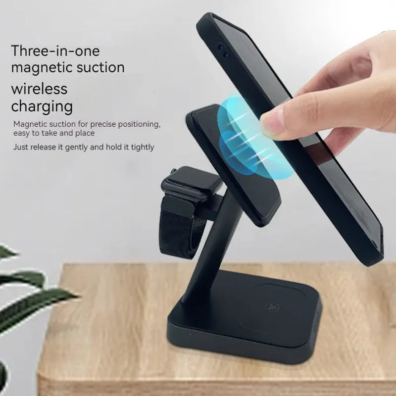 Black vertical wireless charging stand for mobile phone and Apple Watch with built-in battery