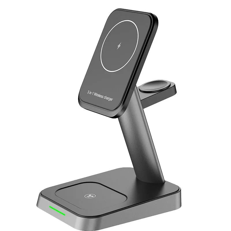 Black vertical wireless charging stand for mobile phone and Apple Watch with built-in battery