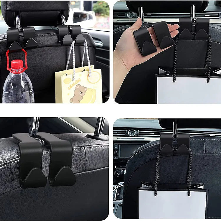 Car seat back hook with mobile phone holder, plastic, in black colour, attached to headrest post