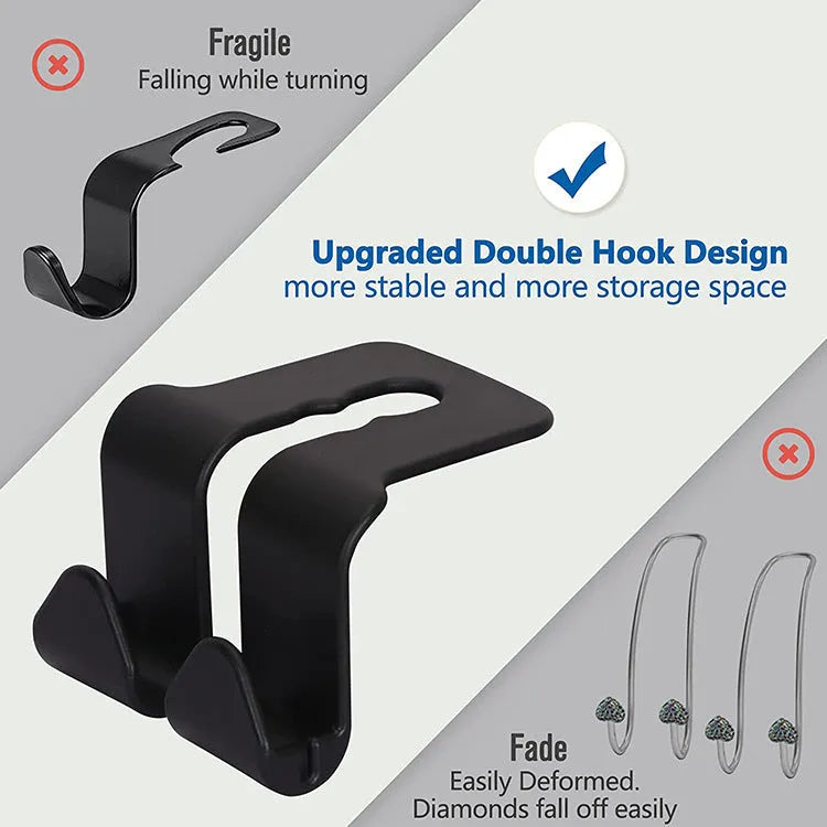 Car seat back hook with mobile phone holder, plastic, in black colour, attached to headrest post