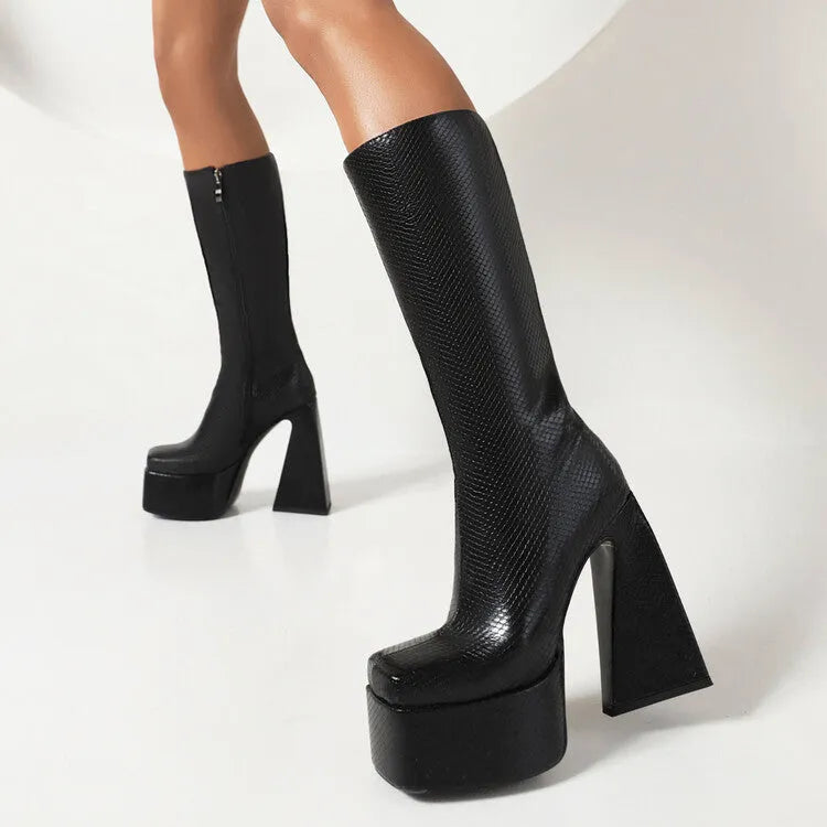 Women's black knee-high casual boots made from artificial PU material on a white background.