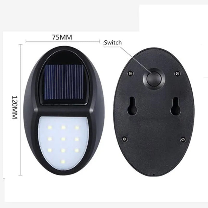 Black solar-powered LED wall light with automatic sensor for outdoor garden or patio illumination