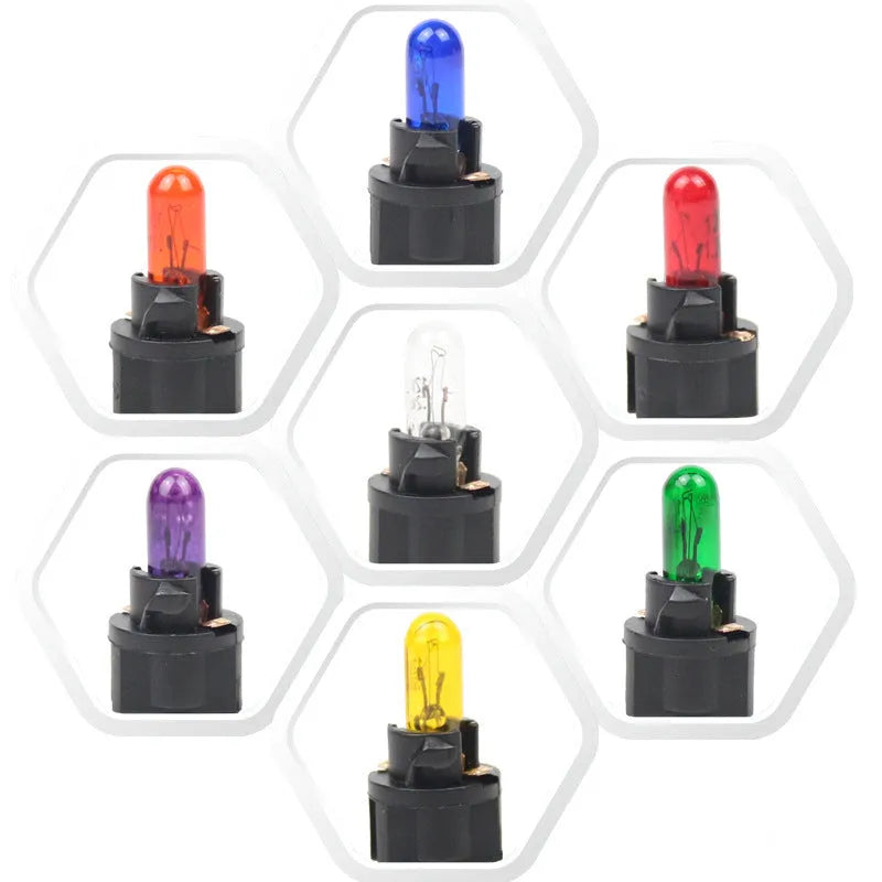 T5 wedge-base car dashboard indicator light bulb in red, blue, green, amber, yellow, and purple colours.