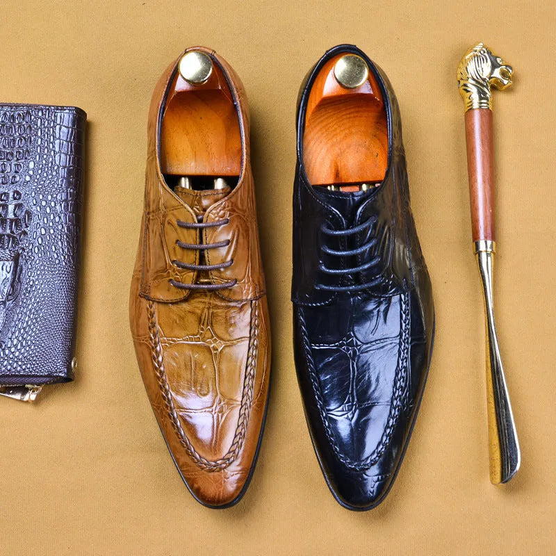 Men's black leather shoes with alligator pattern and horse bit buckle, British business style with rubber sole