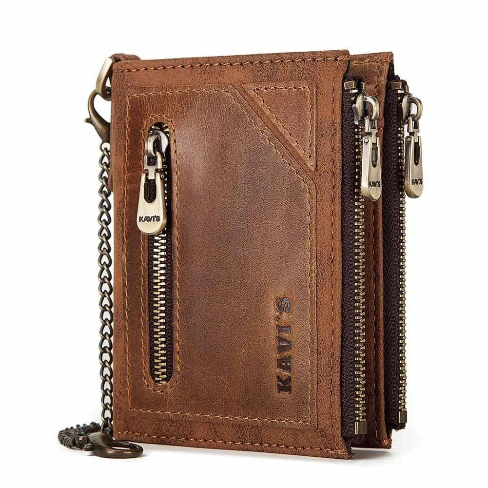 Dark brown men's leather wallet with metal chain and RFID anti-theft protection