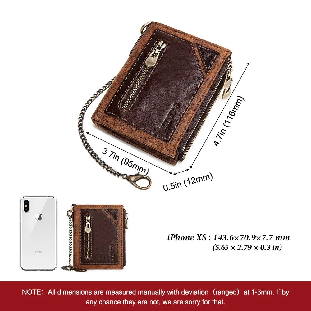 Dark brown men's leather wallet with metal chain and RFID anti-theft protection
