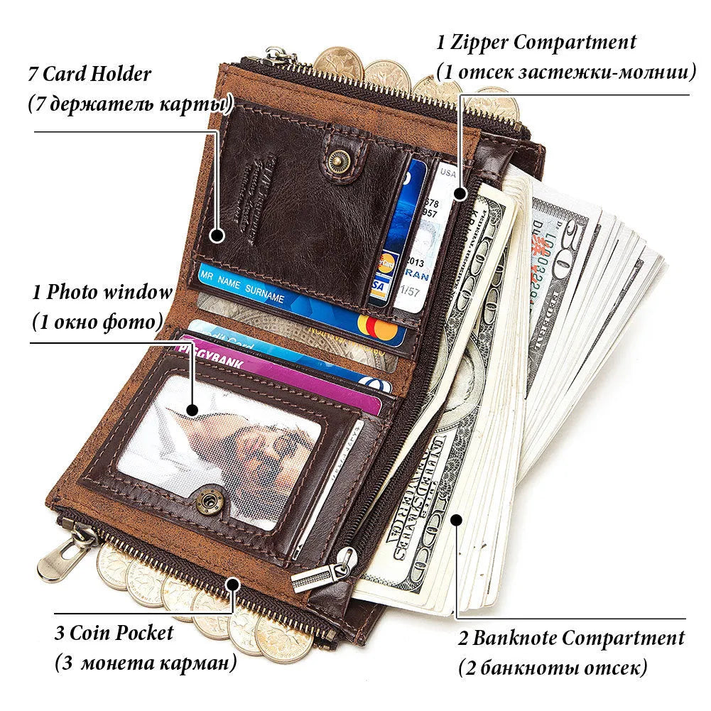 Dark brown men's leather wallet with metal chain and RFID anti-theft protection