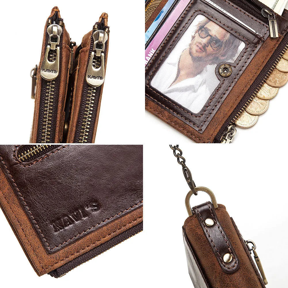 Dark brown men's leather wallet with metal chain and RFID anti-theft protection