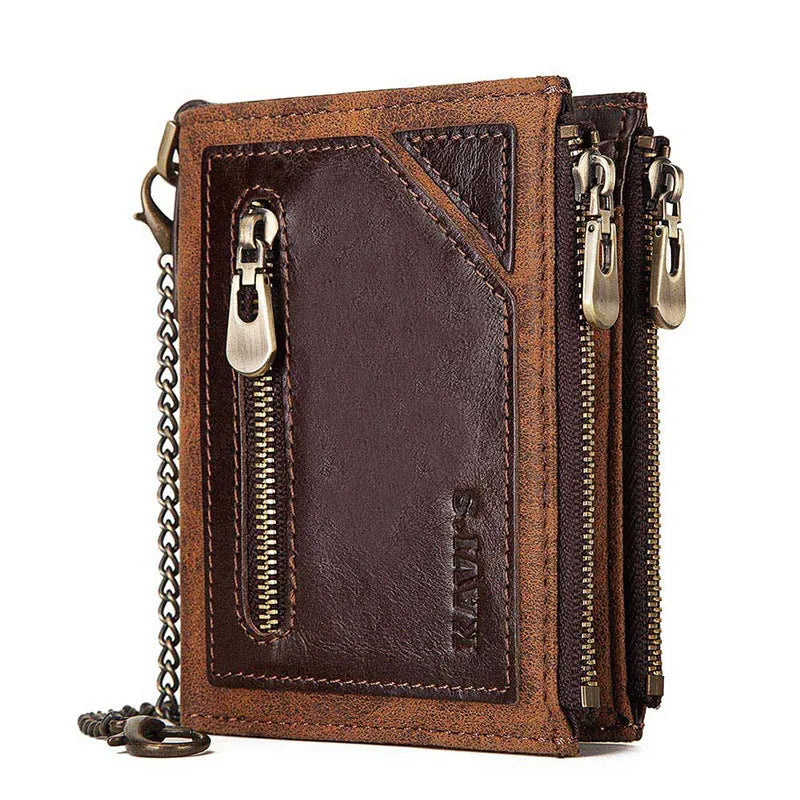 Dark brown men's leather wallet with metal chain and RFID anti-theft protection