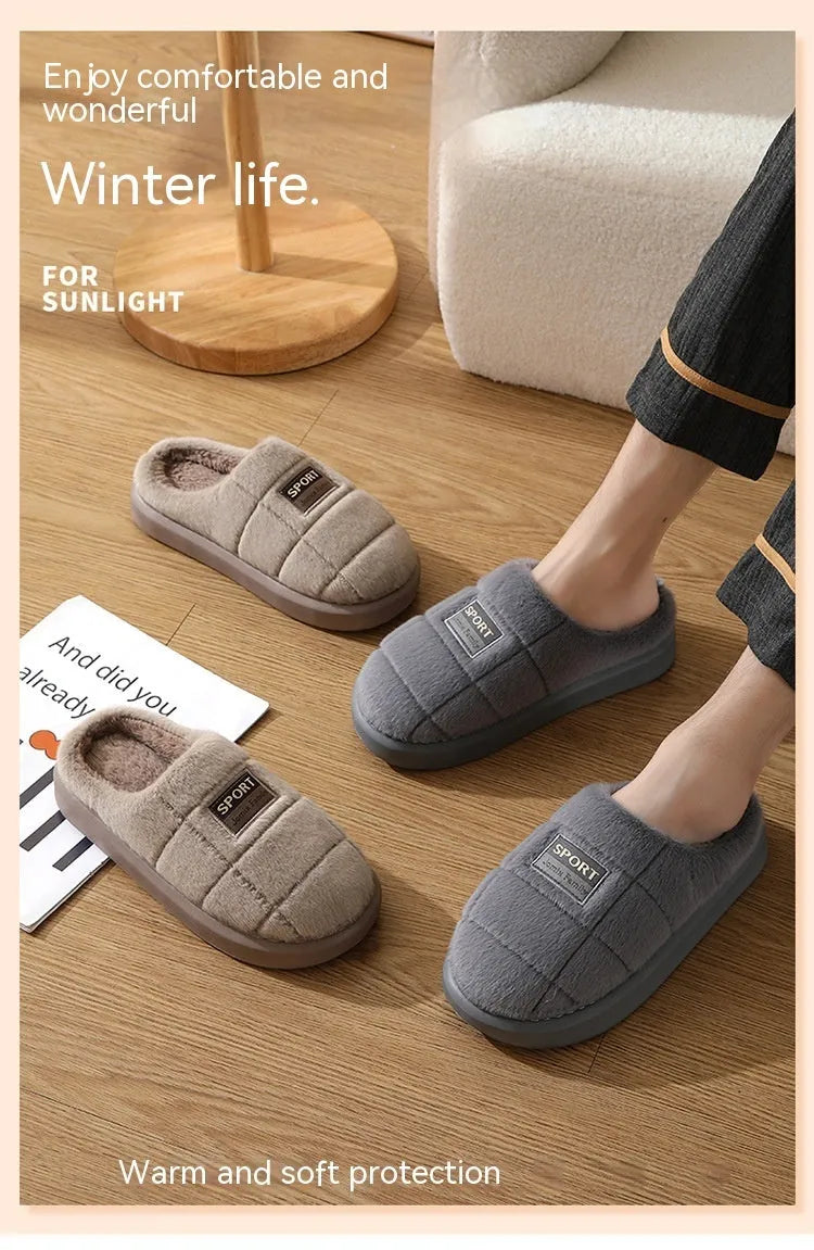 Men's plaid rabbit hair slippers with toe holder design and grey artificial wool lining
