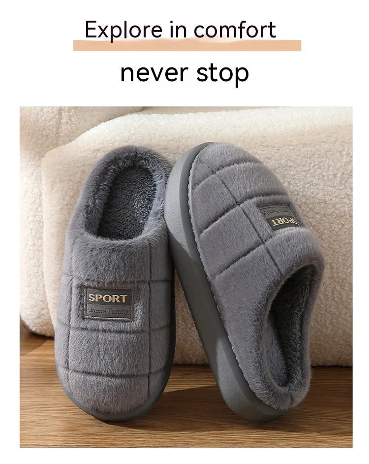 Men's plaid rabbit hair slippers with toe holder design and grey artificial wool lining