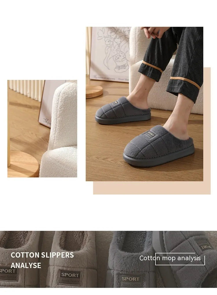 Men's plaid rabbit hair slippers with toe holder design and grey artificial wool lining