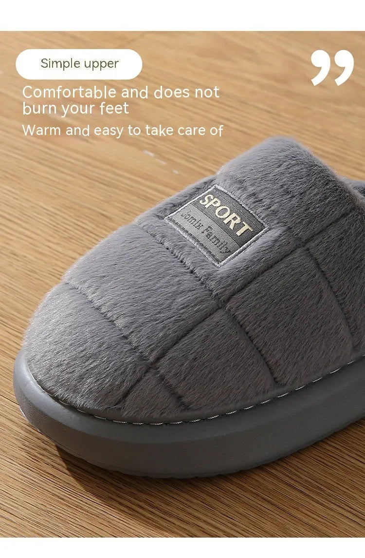 Men's plaid rabbit hair slippers with toe holder design and grey artificial wool lining