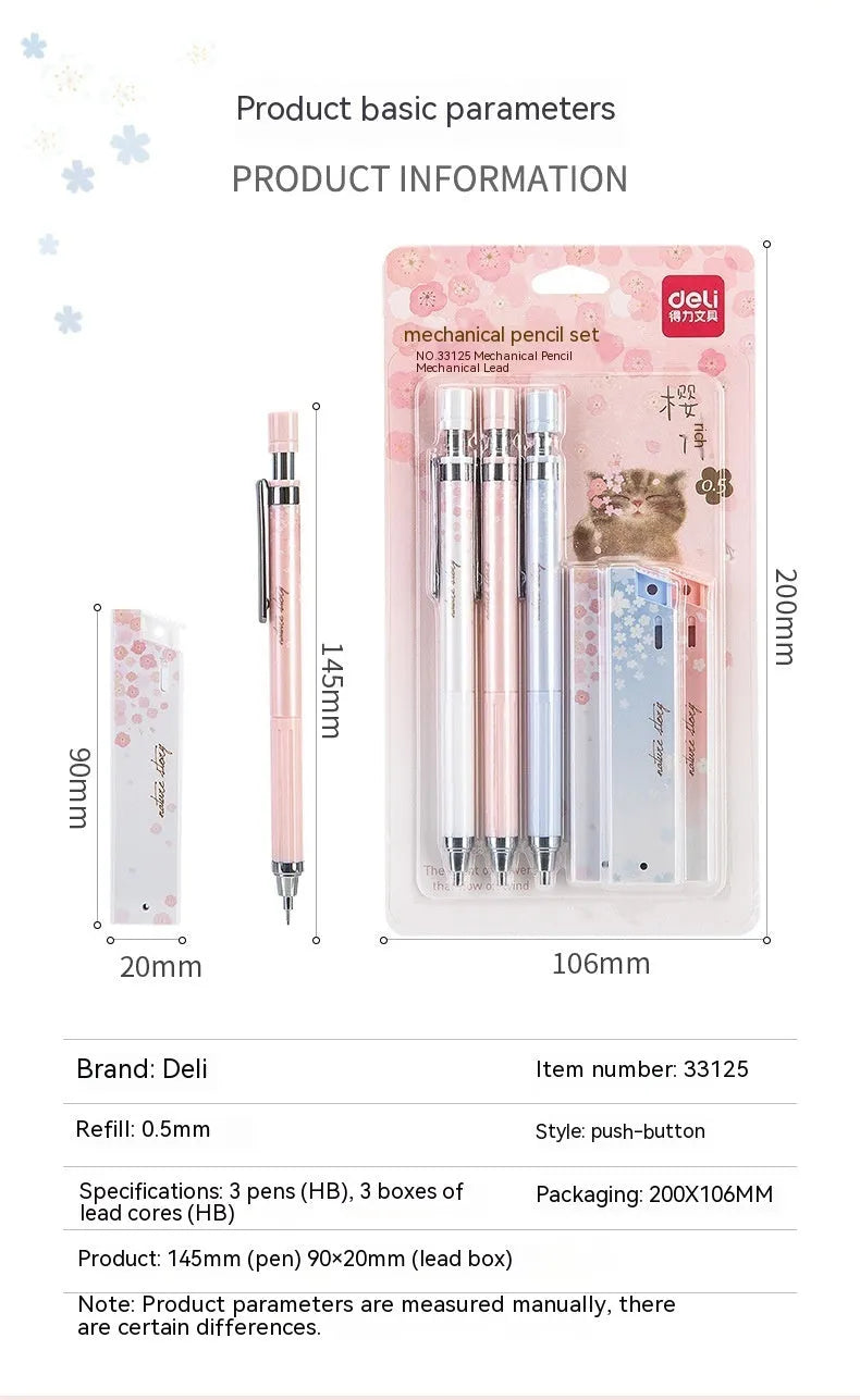 Cartoon automatic pencil set with three 0.5mm HB pencils and refill boxes in mixed colours