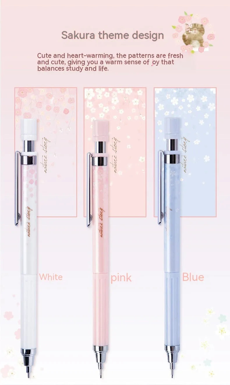 Cartoon automatic pencil set with three 0.5mm HB pencils and refill boxes in mixed colours