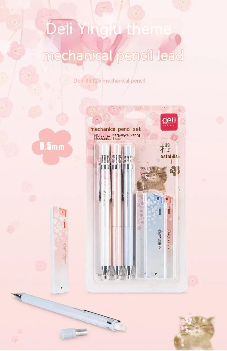 Cartoon automatic pencil set with three 0.5mm HB pencils and refill boxes in mixed colours