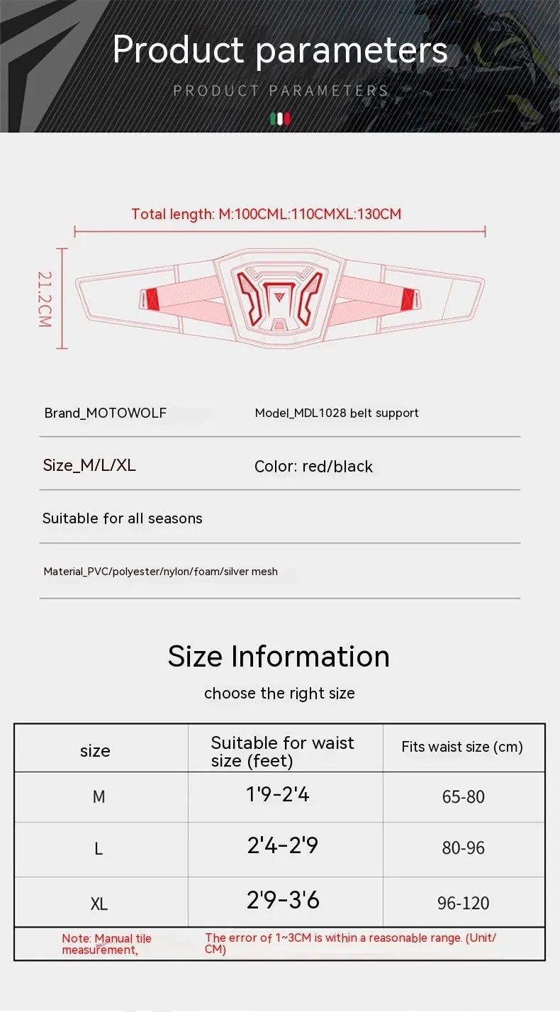 MDL1028 motorcycle waist supporter in black and red colours showing front and back views