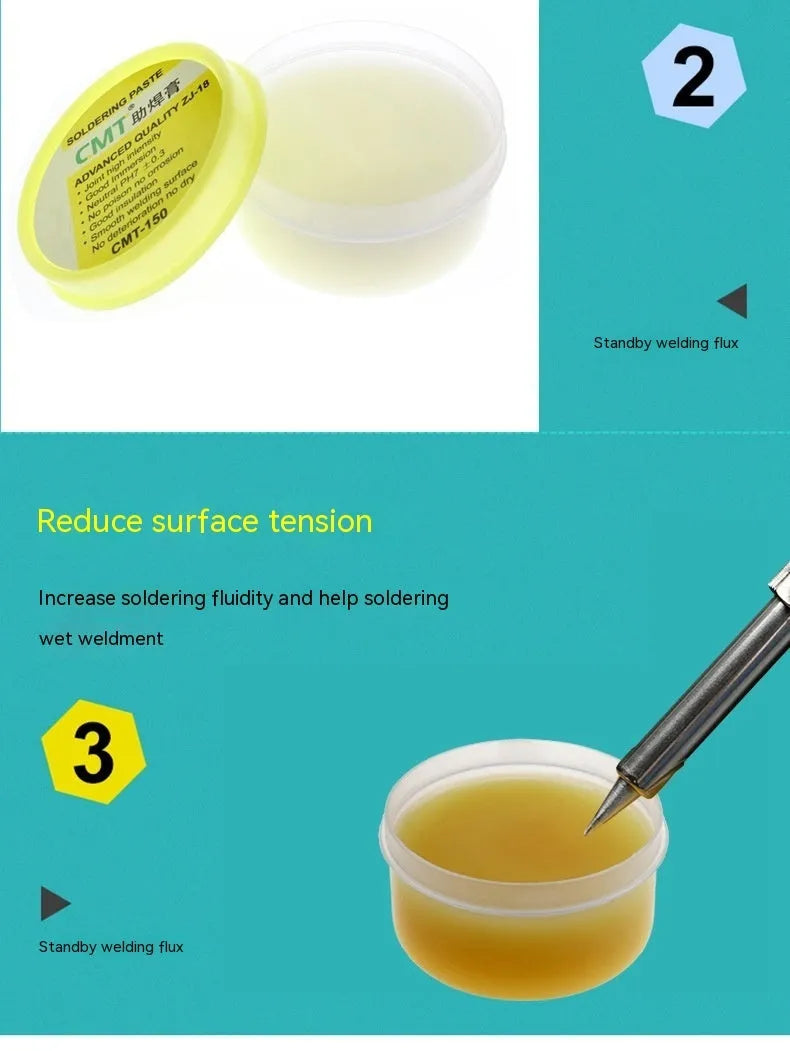 CMT high-purity rosin soldering flux paste in 50g and 85g sizes for electric soldering irons