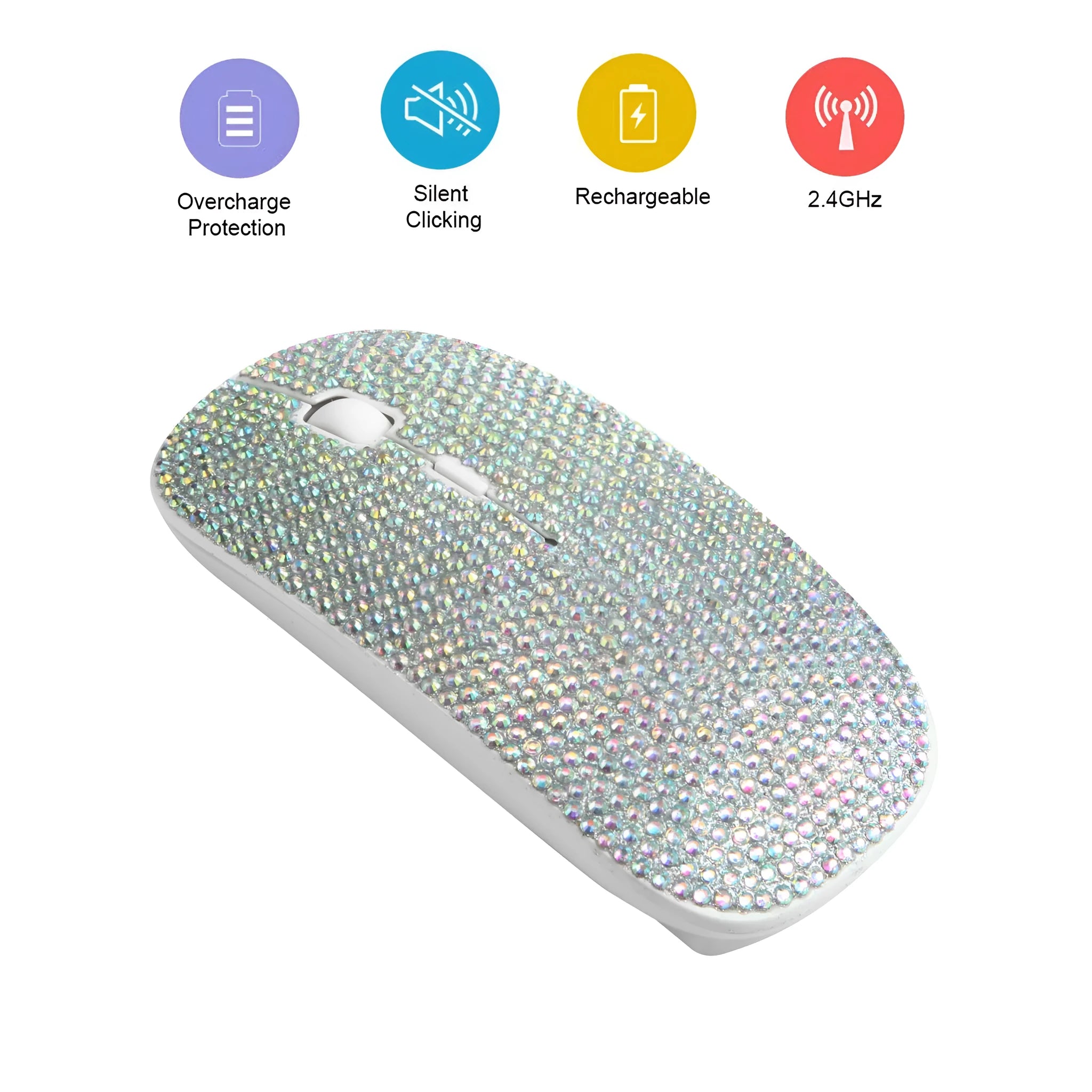 White wireless optical mouse with 4 buttons and 2.4G receiver, 11.2 cm long