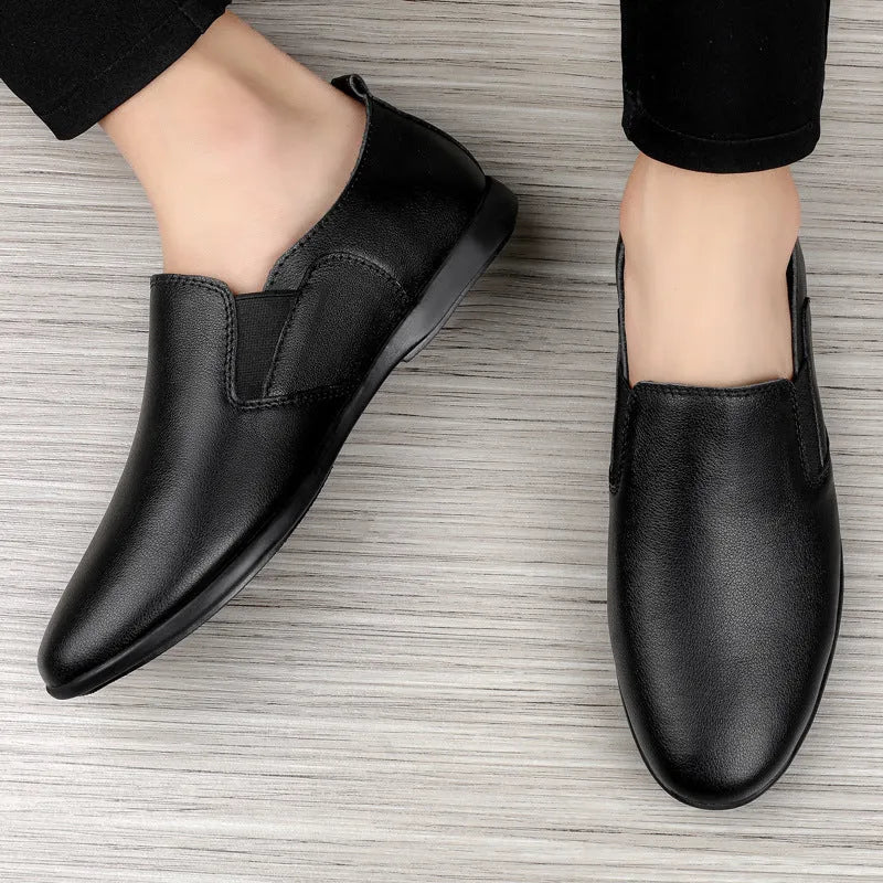 Men's black leather round-toe breathable business casual shoes on a white background.