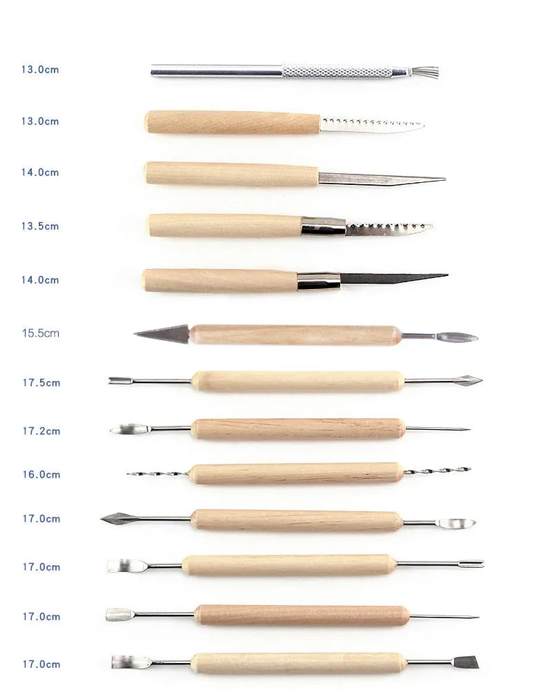 27-piece pottery clay tool set with roll bag containing wood and stainless steel sculpting tools